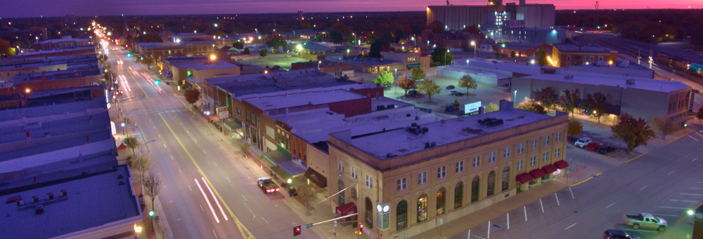 Aerial view of downtown Newton at dusk