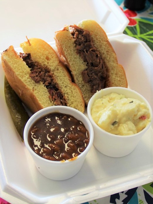 Barbecue sandwich and beans and potato salad